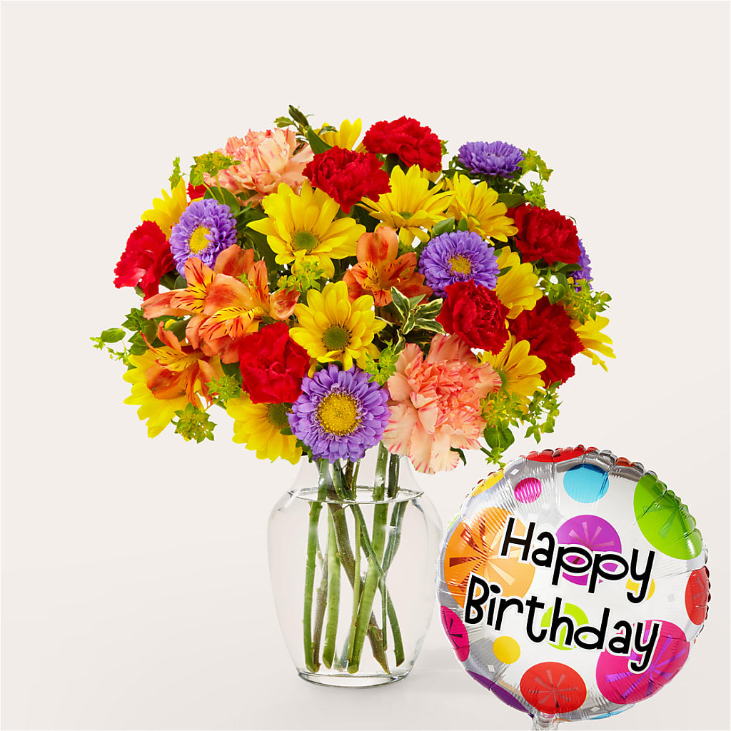 Kaleidoscope Bouquet with Birthday Balloon – ANGEL'S FLOWERS AND GIFTS, San Jose CA