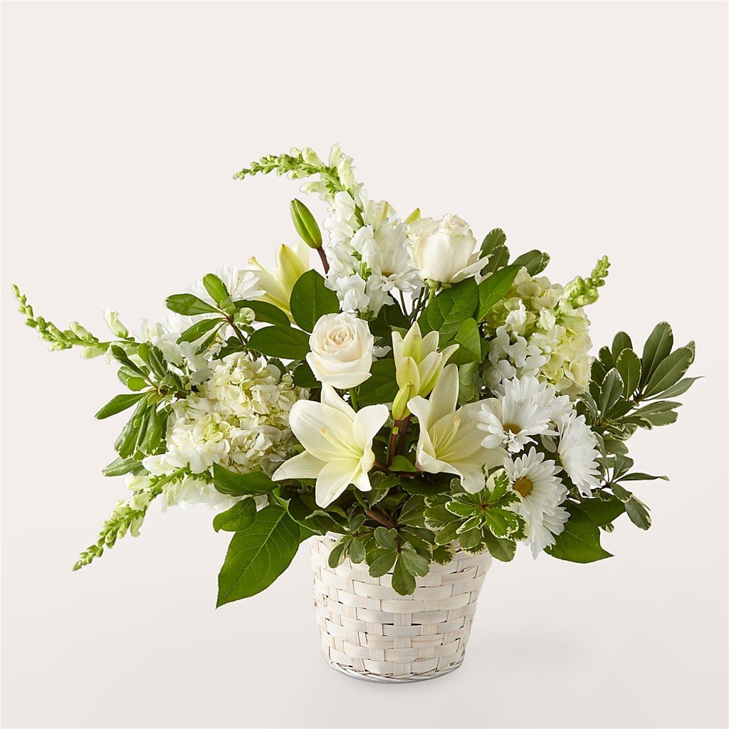 Ivory Elegance Floral Basket – ANGEL'S FLOWERS AND GIFTS, San Jose CA
