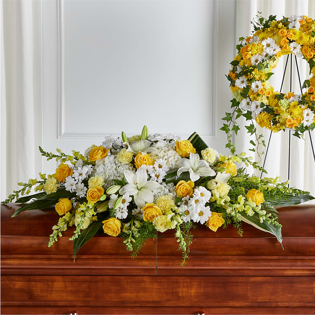 Golden Harmony Casket Spray – ANGEL'S FLOWERS AND GIFTS, San Jose CA