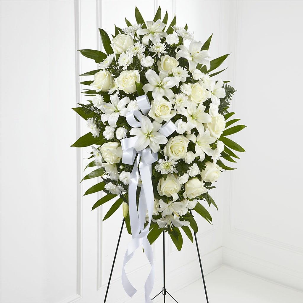 Exquisite Tribute Standing Spray-White Ribbon – ANGEL'S FLOWERS AND GIFTS, San Jose CA