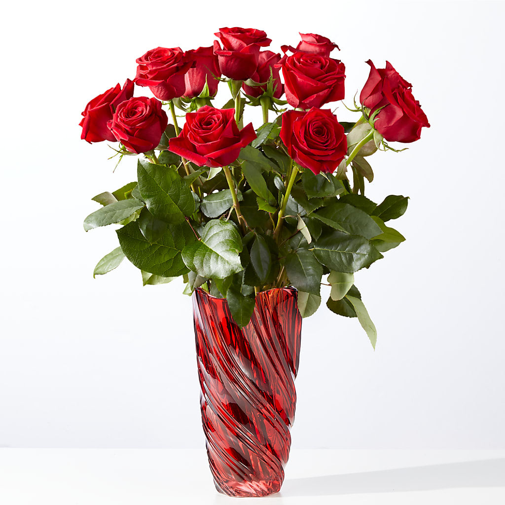 Classic Love Red Rose Bouquet with Luxe Swirl Vase – ANGEL'S FLOWERS AND GIFTS, San Jose CA