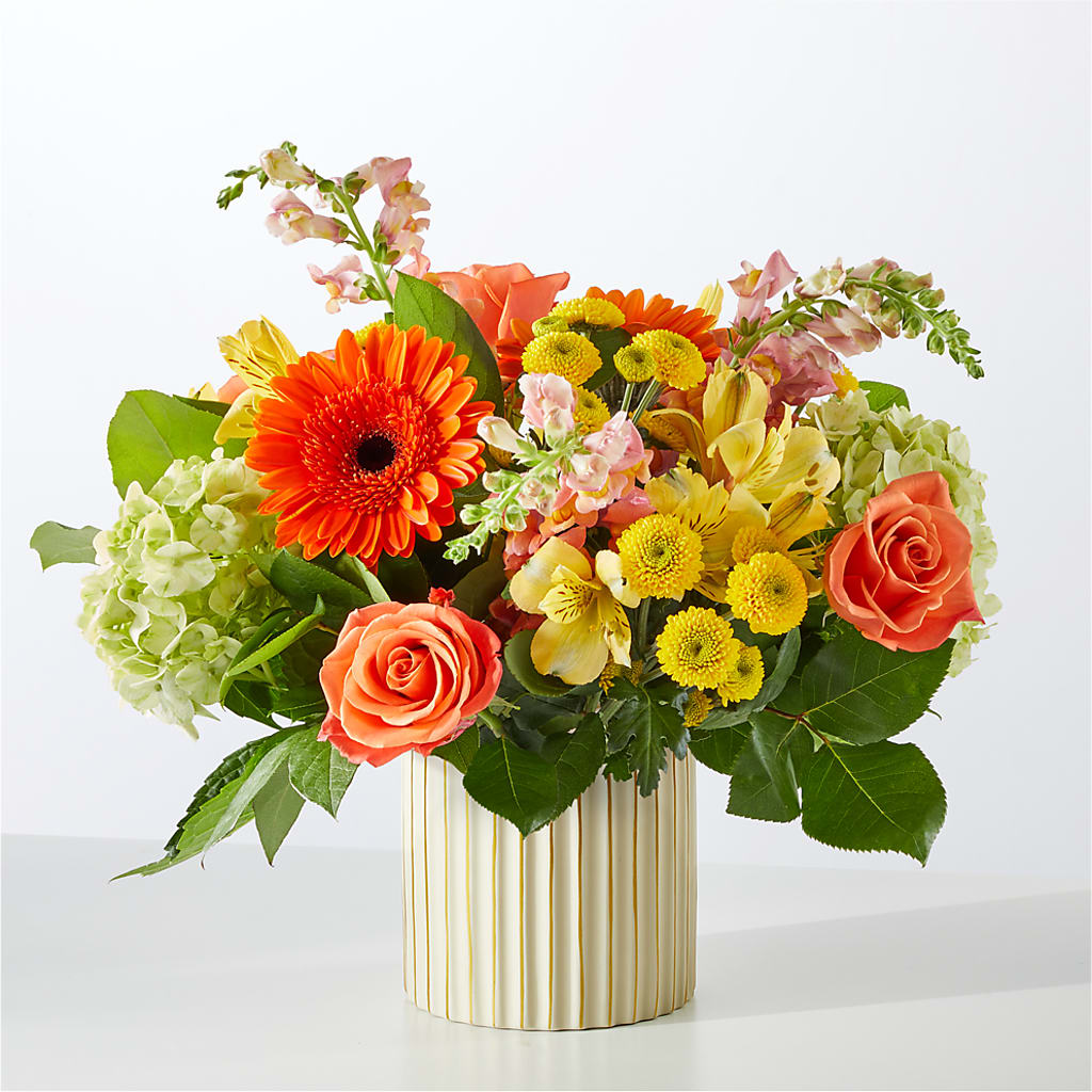 Autumn Sunshine Bouquet with Ivory Vase – ANGEL'S FLOWERS AND GIFTS, San Jose CA